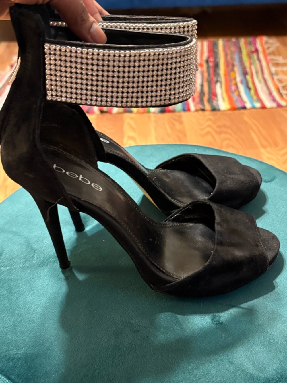 Black Alexis Rhinestone Strap Suede Peep-toe Heels by bebe
